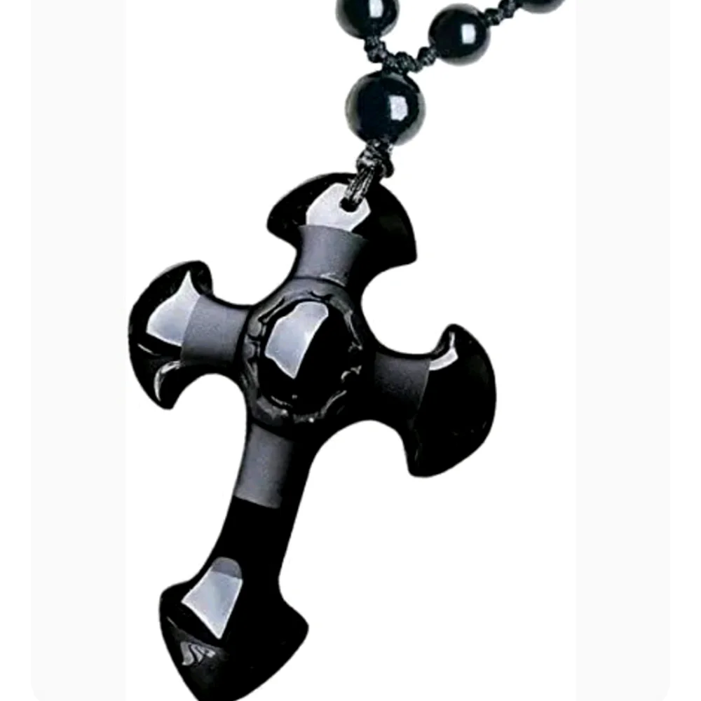 Natural crystal black obsidian cross necklace Amulet pendant with chain - Picture 1 of 10